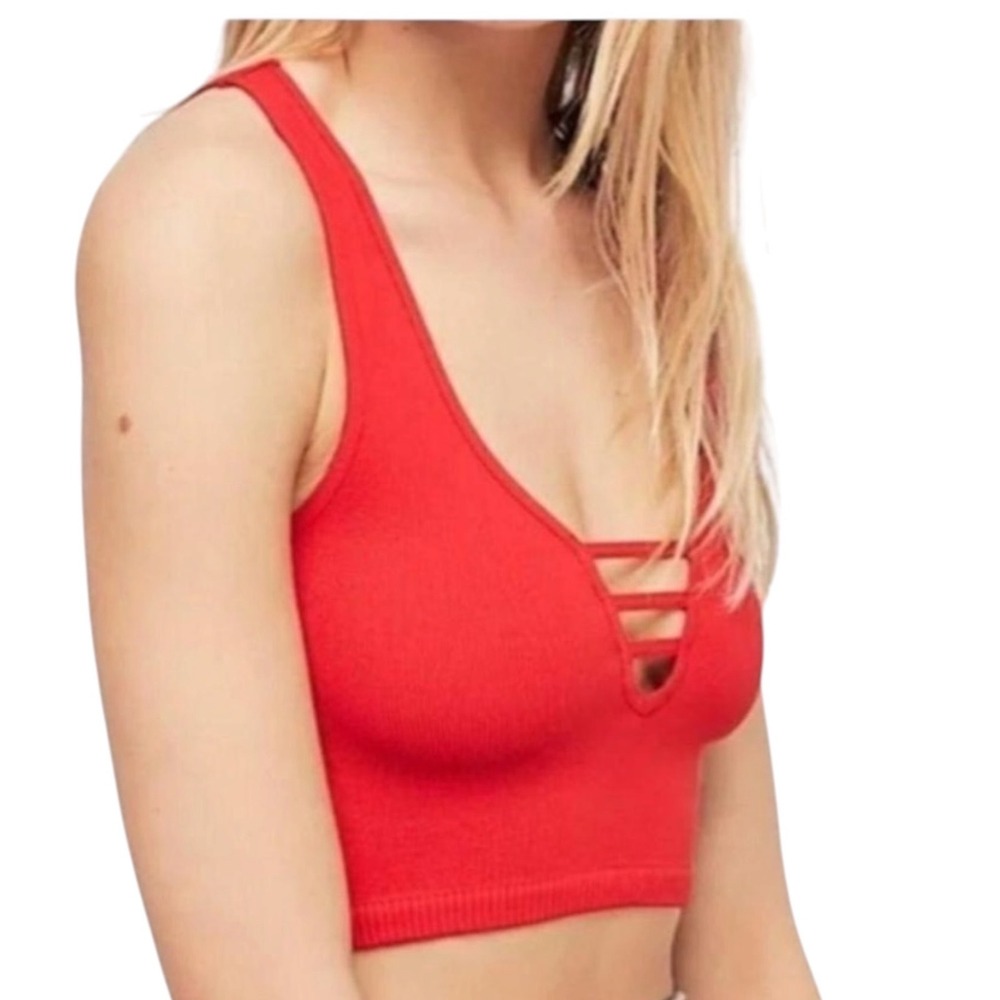 Free People Intimately Neon Pink Ribbed Strappy V-Neck Crop Top OB932821 M/L NEW - Picture 3 of 10